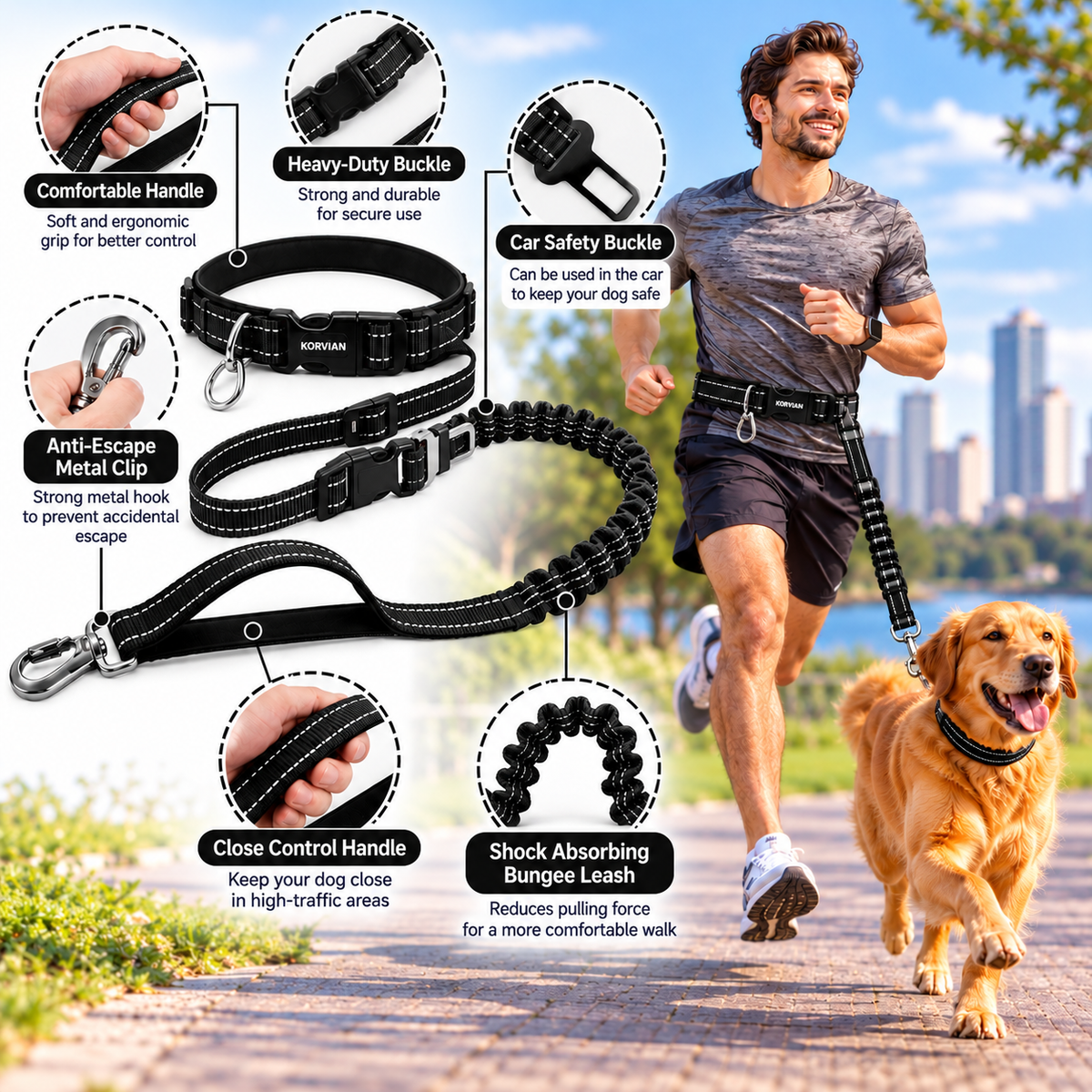 Adjustable Hands-Free Dog Leash | 55–77 Inches